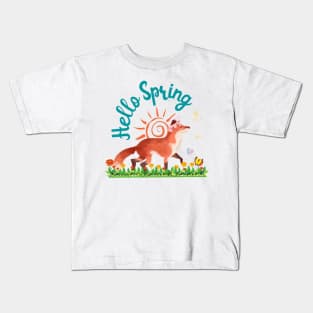 Hello Spring Fox Flower Watercolor Pattern Kids T-Shirt